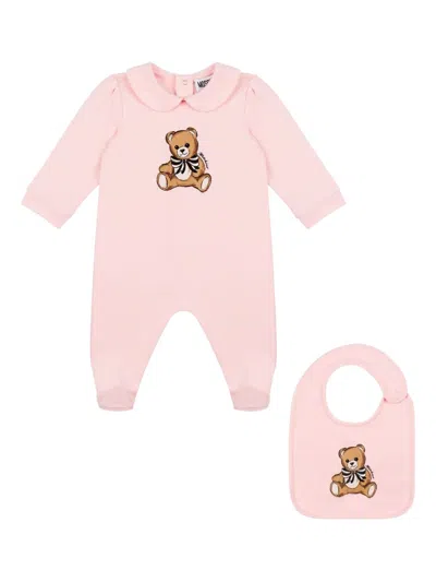 Moschino Bear-motif Long-sleeve Babygrow Set In Pink