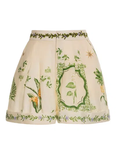 Agua By Agua Bendita Rommy Wild Embroidered Printed Linen Shorts In Neutral
