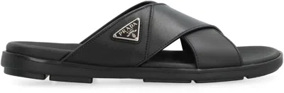 Prada Leather Slides With Logo In Black