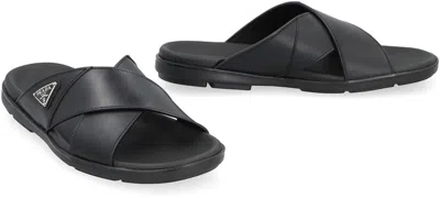 Prada Leather Slides With Logo In Black