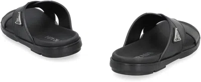 Prada Leather Slides With Logo In Black