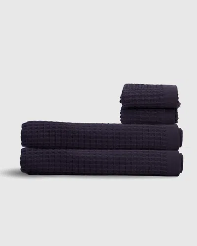 Teema Towels Waffle Turkish Cotton Bath Towels In Charcoal, Full Set In Blue
