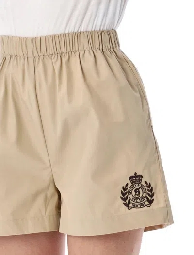 Sporty And Rich Crest Elastic Waistband Side Pockets Shorts In Brown