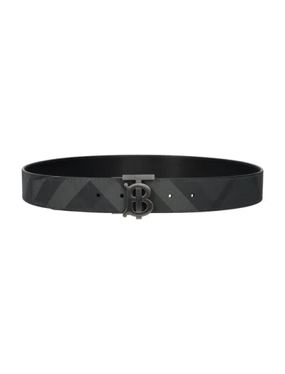 Burberry Check And Leather Reversible Tb Belt In Black