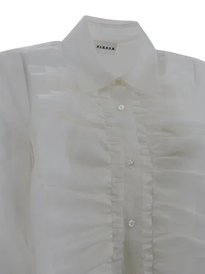 P.a.r.o.s.h Casual Long Sleeves Collared Neck Ruffled Front In White