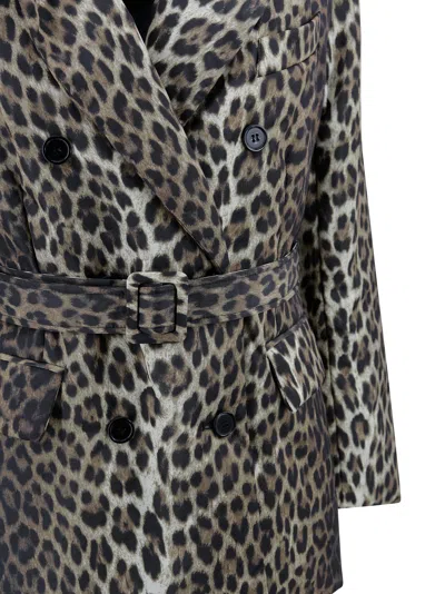 P.a.r.o.s.h Waist Belted Double-breasted Notched Lapels Side Pockets In Animal Print