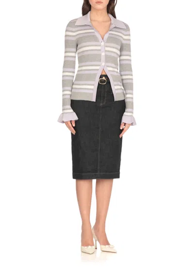 Self-portrait Grey Cardigan With Spread Collar And All-over Striped Motif In Viscose Blend Woman