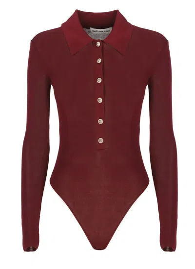 Self-portrait Bordeaux Viscose Bodysuit With Classic Collar In Red