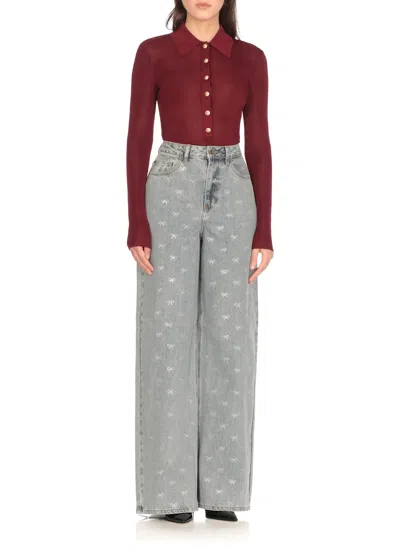 Self-portrait Bordeaux Viscose Bodysuit With Classic Collar In Red