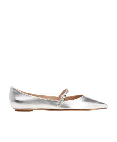 Stuart Weitzman Emilia Metallic Mary Jane Ballerina Flats In Silver