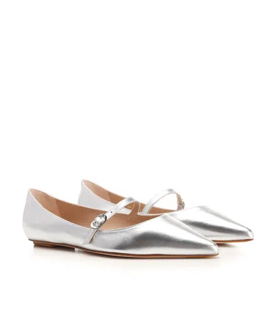 Stuart Weitzman Emilia Metallic Mary Jane Ballerina Flats In Silver