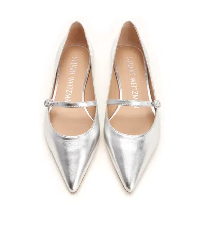 Stuart Weitzman Emilia Metallic Mary Jane Ballerina Flats In Silver