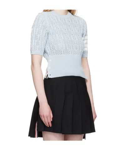 Thom Browne Womens Light Blue Pointelle Cable-knit Cotton T-shirt In Blue