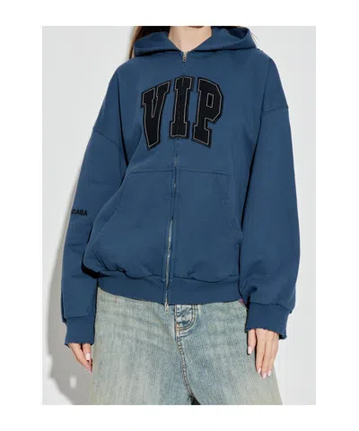 Balenciaga Cotton Sweatshirt With Front Pockets And Hood In Blue
