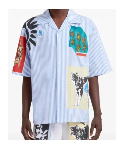 Marni Striped Short Sleeve Shirt With Graphic Patches In Blue