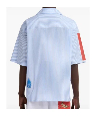 Marni Striped Short Sleeve Shirt With Graphic Patches In Blue