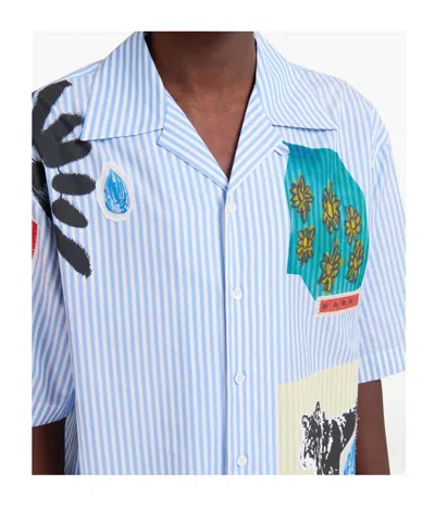 Marni Striped Short Sleeve Shirt With Graphic Patches In Blue