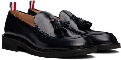 Thom Browne Navy Spazzolato Leather Tassle Loafers In Black