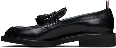 Thom Browne Navy Spazzolato Leather Tassle Loafers In Black