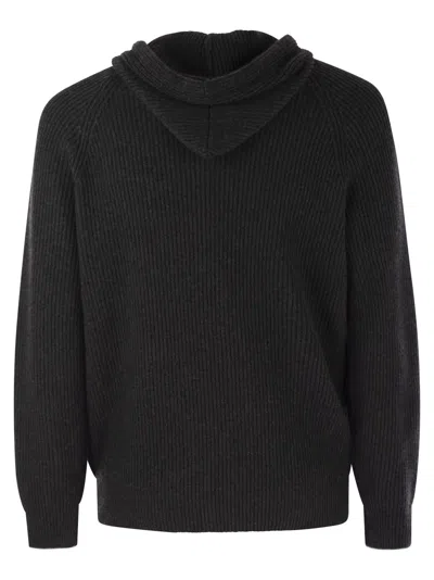Brunello Cucinelli Cashmere Zip-up Hoodie Featuring Drawstring Hood In Black