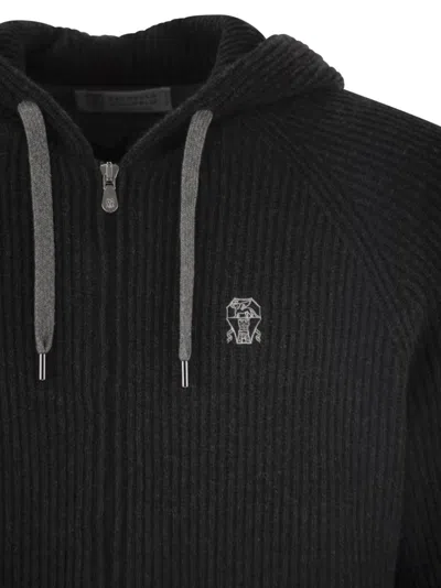 Brunello Cucinelli Cashmere Zip-up Hoodie Featuring Drawstring Hood In Black
