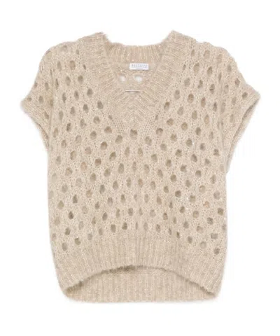Brunello Cucinelli V-neck Open-knit Vest In Neutral