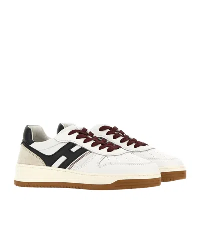 Hogan Leather Sneakers With Contrast Sole And Stitching In Neutral