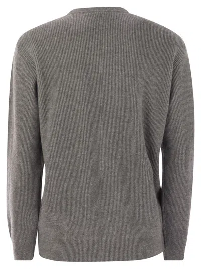 Brunello Cucinelli English Rib Cashmere Sweater With Monile In Gray