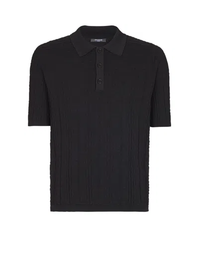 Balmain Textured Black Knitted Polo With Classic Collar In Black