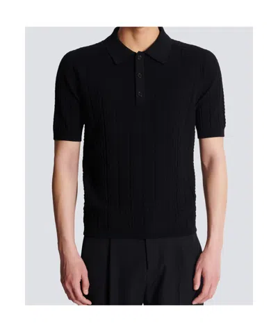 Balmain Textured Black Knitted Polo With Classic Collar In Black
