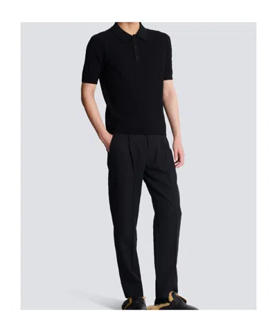 Balmain Textured Black Knitted Polo With Classic Collar In Black