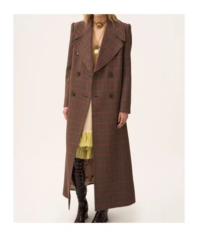 Chloé Checkered Long Length Coat With Prince Of Wales Motif In Brown