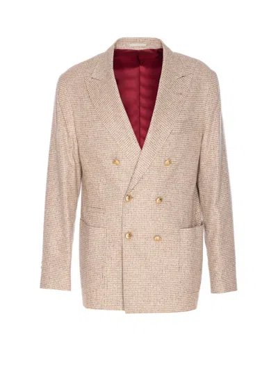 Brunello Cucinelli Beige Wool And Silk Double-breasted Blazer In Brown