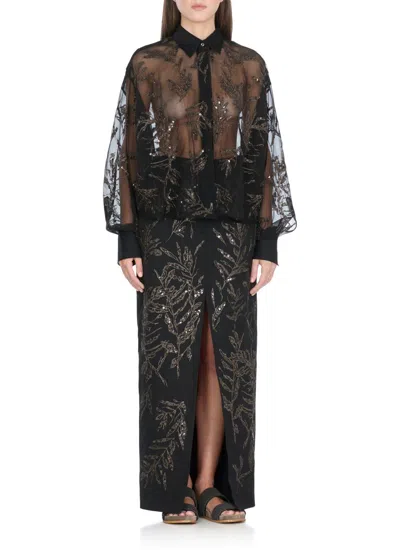 Brunello Cucinelli Women Crispy Silk Shirt With Glistening Flora Embroidery In Black