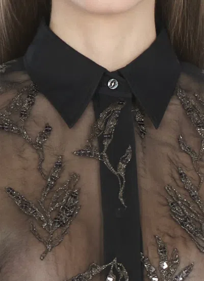 Brunello Cucinelli Women Crispy Silk Shirt With Glistening Flora Embroidery In Black