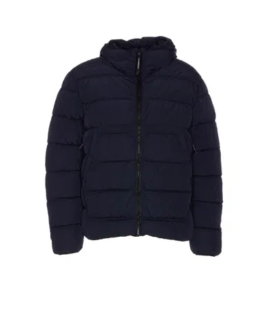 C.p. Company Blue Down Jacket With Fixed Hood And Logo Plaque On The Sleeve In Tech Fabric Man In Blue