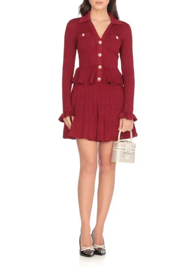 Self-portrait Self Portrait Women Burgundy Pointelle Knit Long-sleeved Mini Dress In Red