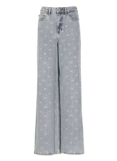 Self-portrait Light Blue Wide-leg Jeans With Crystal Embellishment And Classic Five-pocket Design In Multi