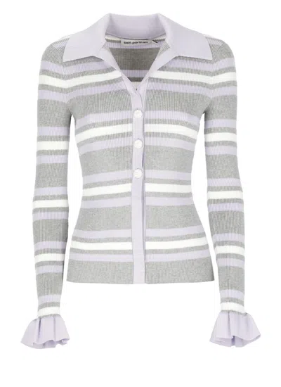 Self-portrait Grey Cardigan With Spread Collar And All-over Striped Motif In Viscose Blend Woman