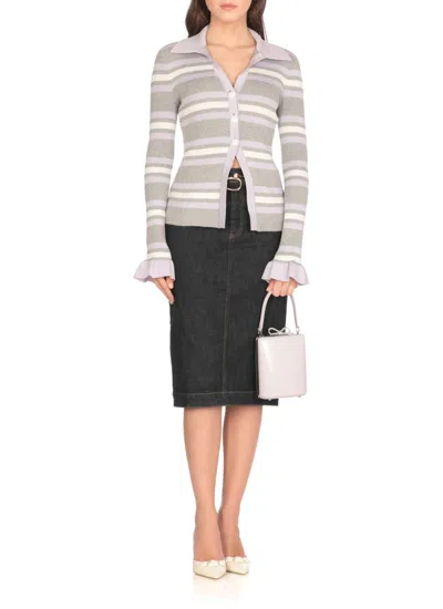 Self-portrait Grey Cardigan With Spread Collar And All-over Striped Motif In Viscose Blend Woman