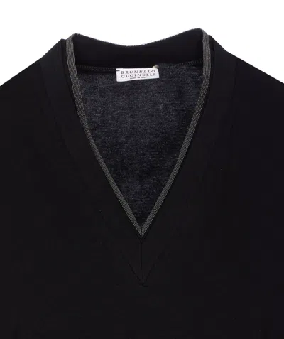 Brunello Cucinelli V-neck Short Sleeve T-shirt With Rolled Sleeves In Black