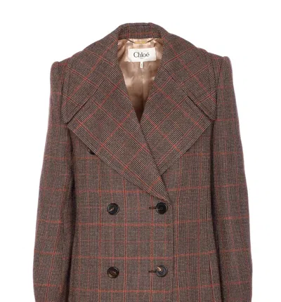 Chloé Checkered Long Length Coat With Prince Of Wales Motif In Brown