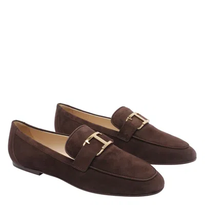 Tod's Almond Toe Suede Loafers Gold Hardware In Brown