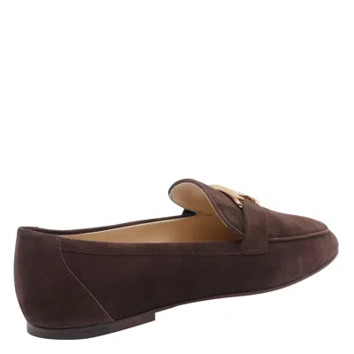 Tod's Almond Toe Suede Loafers Gold Hardware In Brown