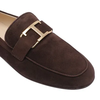 Tod's Almond Toe Suede Loafers Gold Hardware In Brown