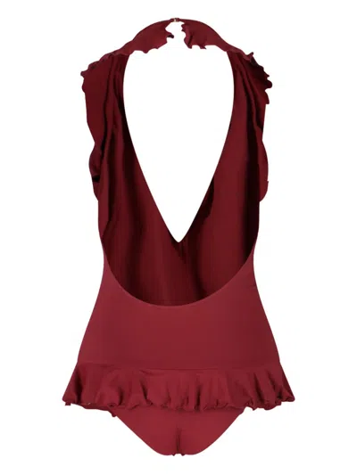 Chloé Halterneck One-piece Swimsuit Ruffle Detailing In Burgundy