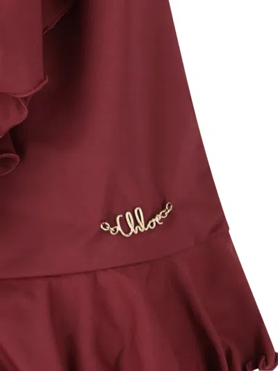 Chloé Halterneck One-piece Swimsuit Ruffle Detailing In Burgundy
