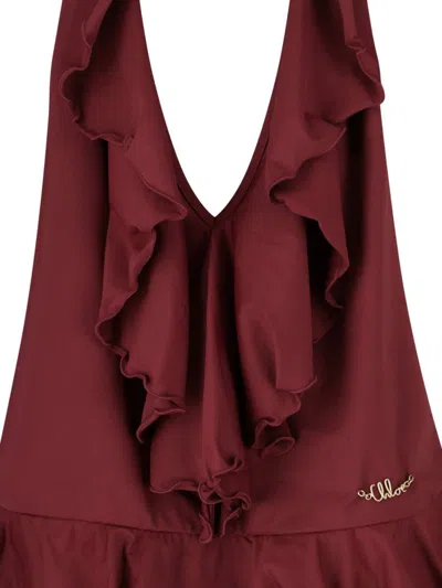 Chloé Halterneck One-piece Swimsuit Ruffle Detailing In Burgundy