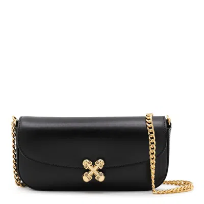 Alexander Mcqueen Skull Flower Black Crossbody Bag With Chain-link Shoulder Strap And Logo Plaque On The Front In Leat