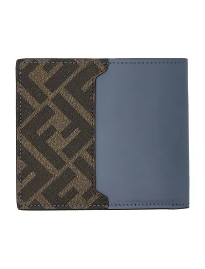 Fendi Canvas Leather Bi-fold Wallet Contrast Panel In Blue